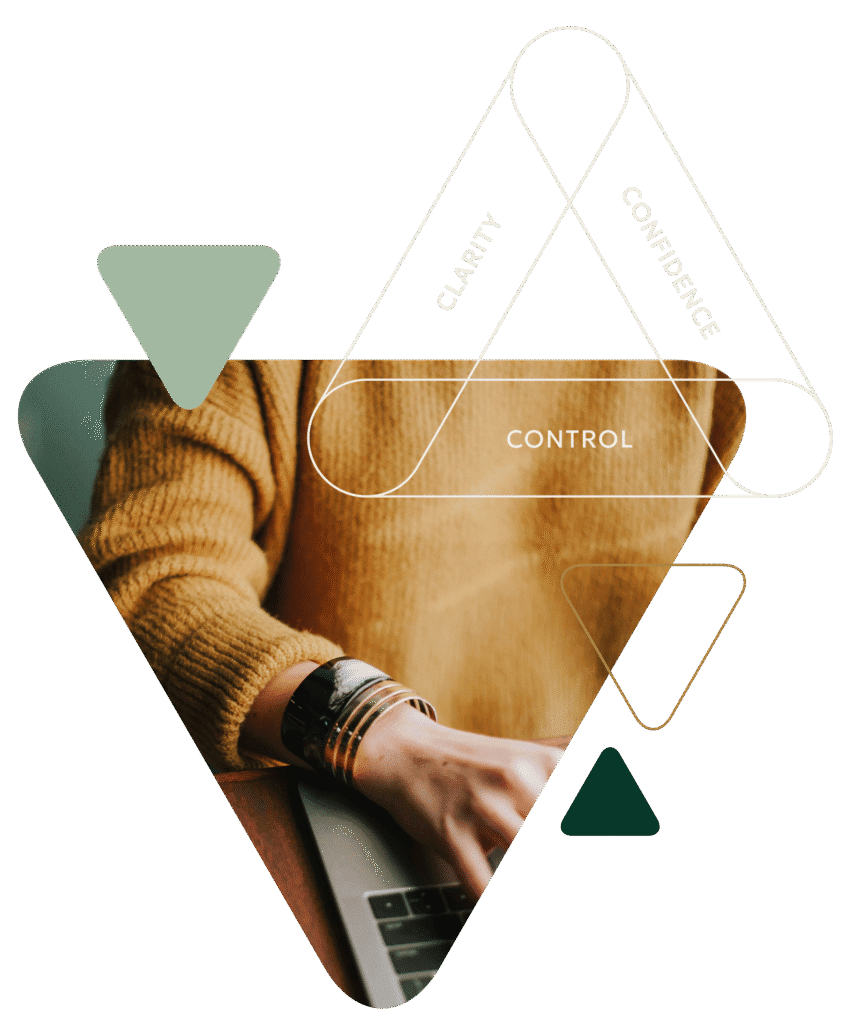 A person wearing a mustard yellow jumper types on a laptop. The image is overlaid with geometric triangles and a translucent outlined triangle labelled "Clarity," "Confidence," and "Control," with "Control" highlighted. Nava Accountancy Ltd
