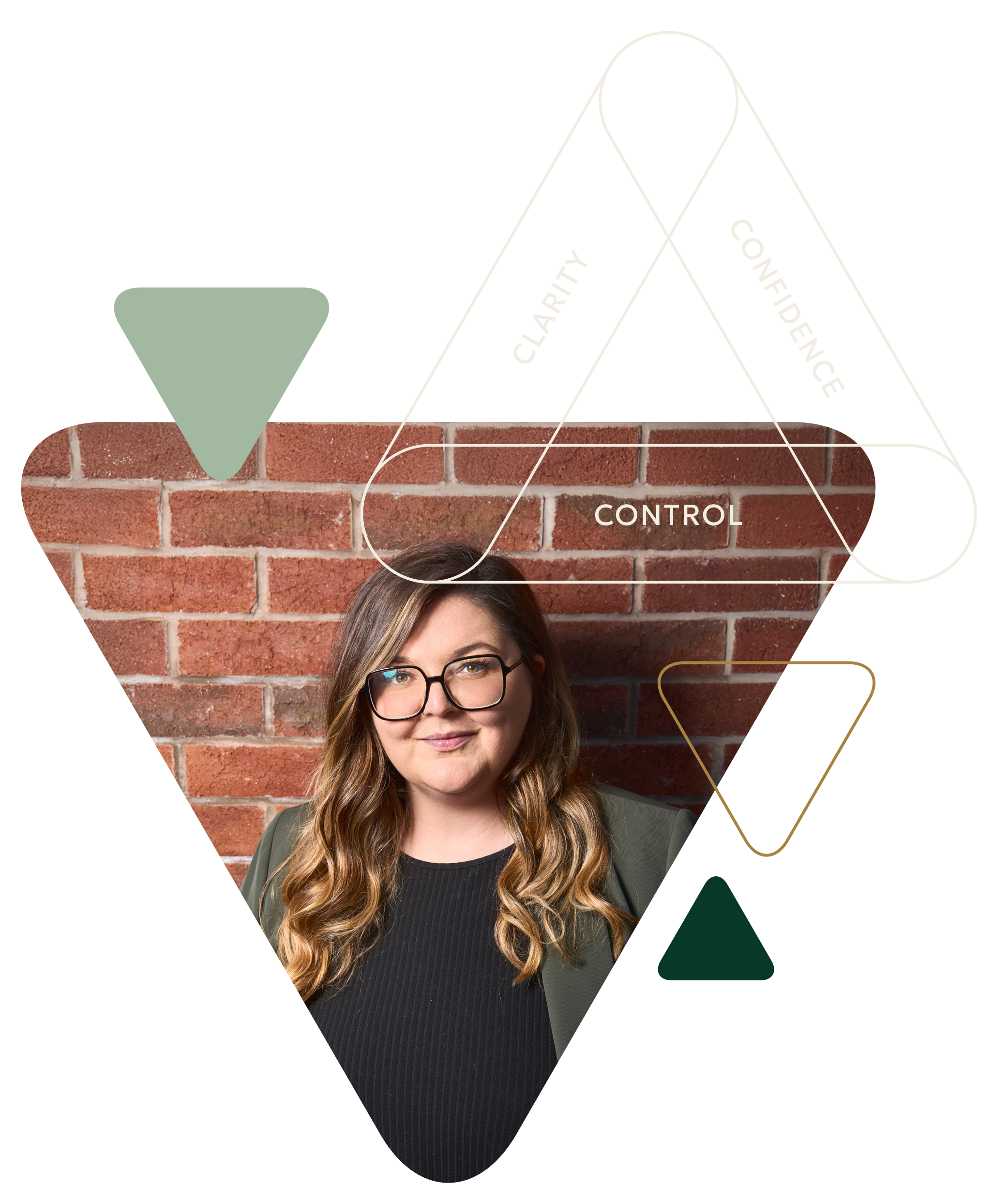 Woman with glasses against brick wall and graphic overlay