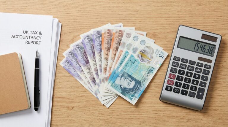 British pound sterling notes fanned out on a desk with a calculator showing 1546.38 and UK tax accountancy report documents.