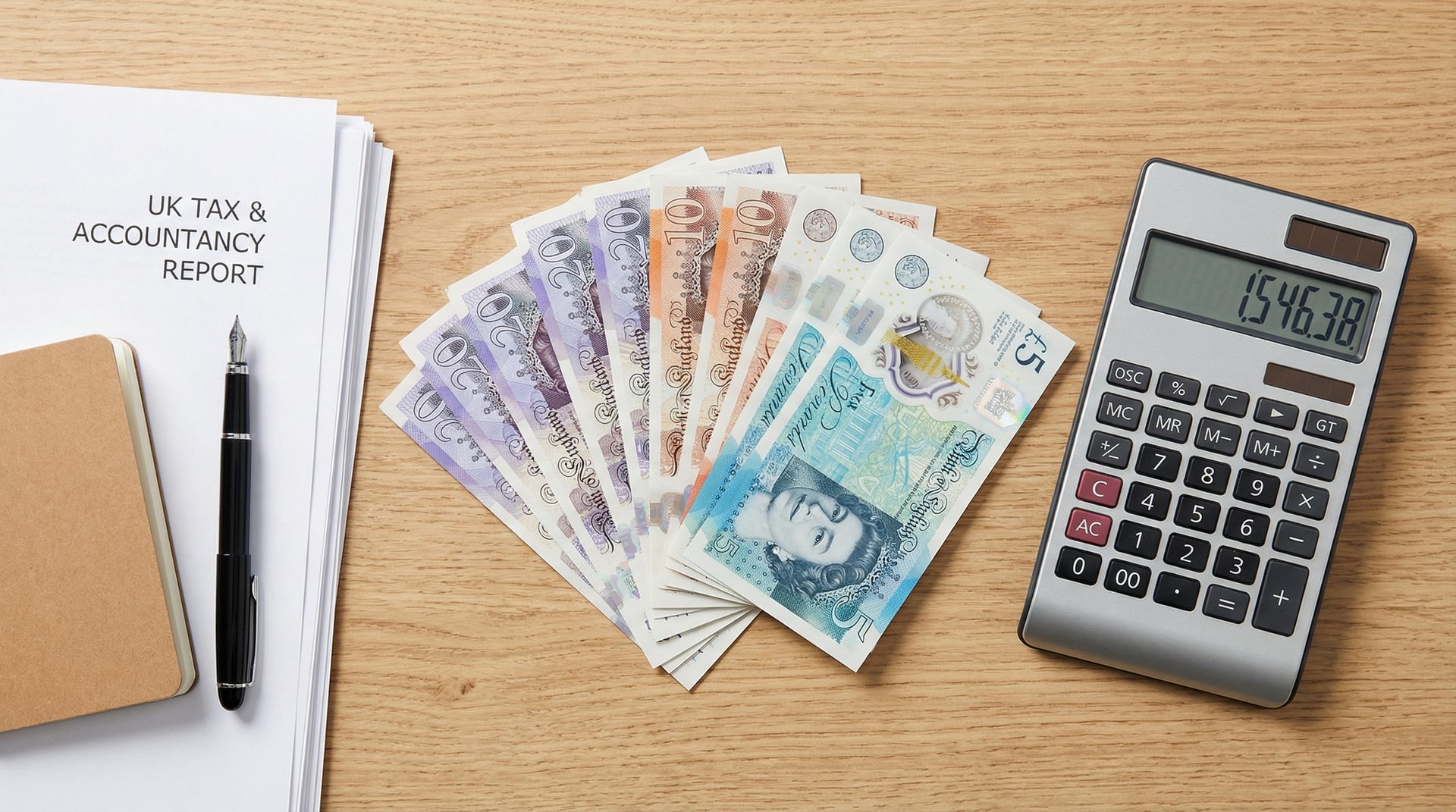 British pound sterling notes fanned out on a desk with a calculator showing 1546.38 and UK tax accountancy report documents.