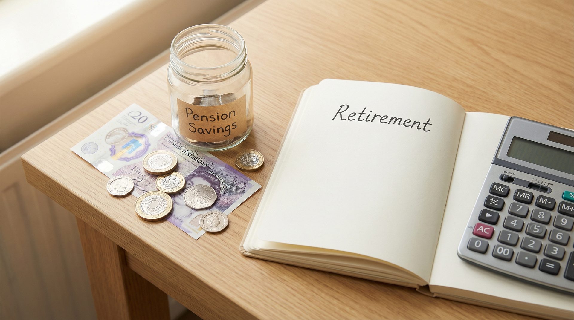 British pound coins and a twenty pound note next to a pension savings jar and a retirement notebook with a calculator.