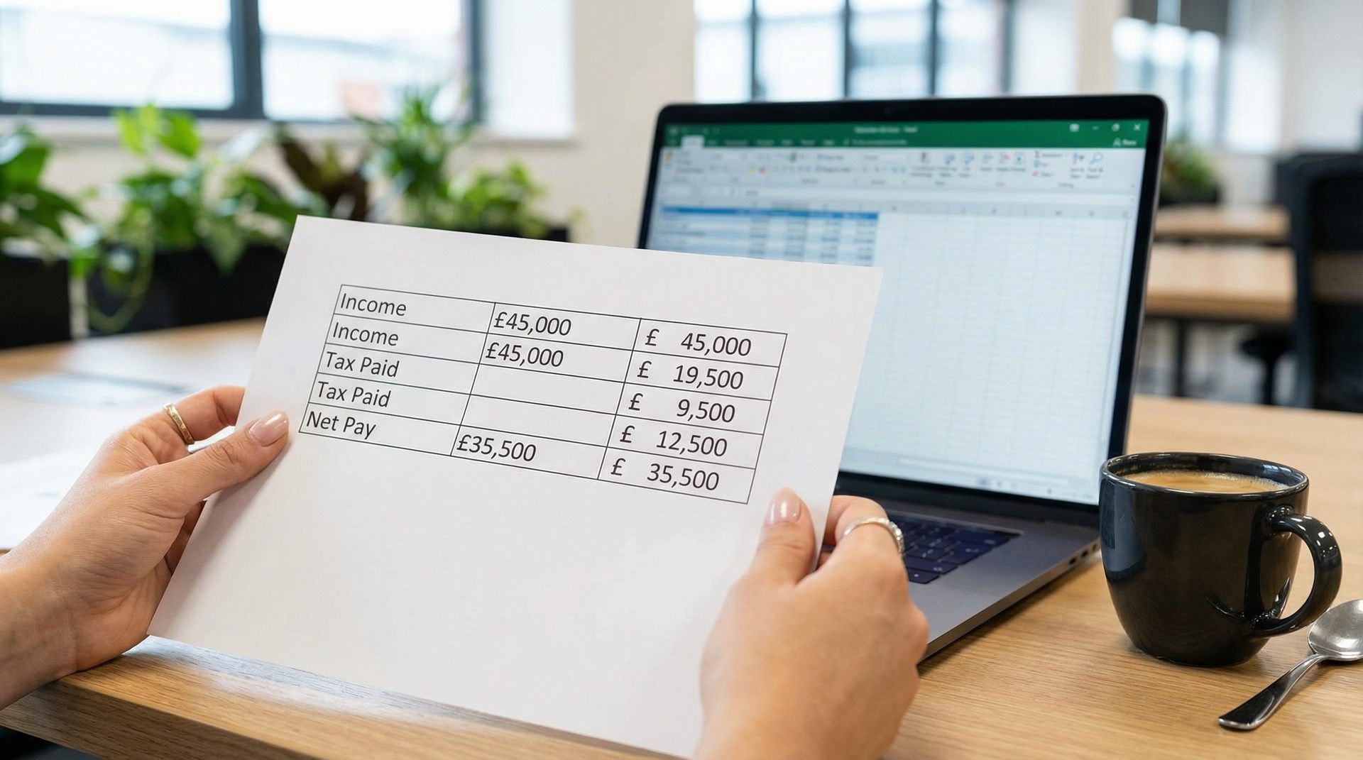 A printed financial summary table showing income, tax and allowances
