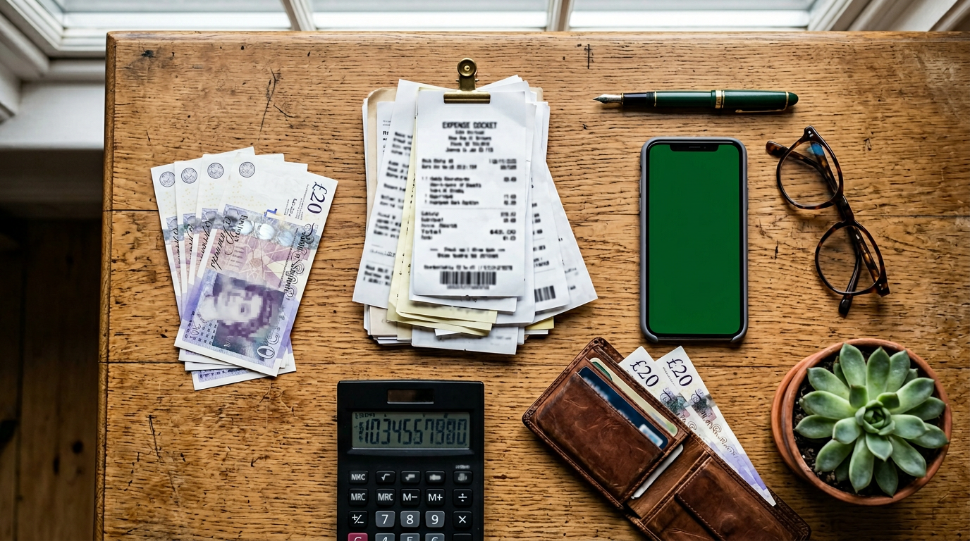 British pound notes, a stack of receipts, calculator, smartphone and wallet on a wooden desk, illustrating allowable business expenses for UK small businesses