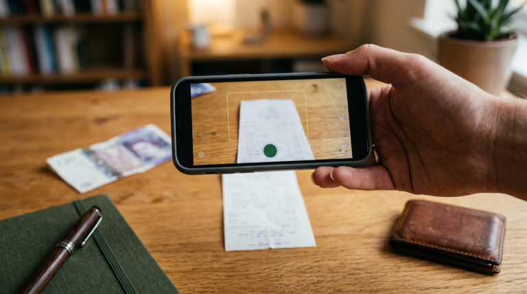 Hand holding a smartphone using a receipt-capture app to photograph a paper receipt on a wooden desk, with a £20 note and leather wallet nearby