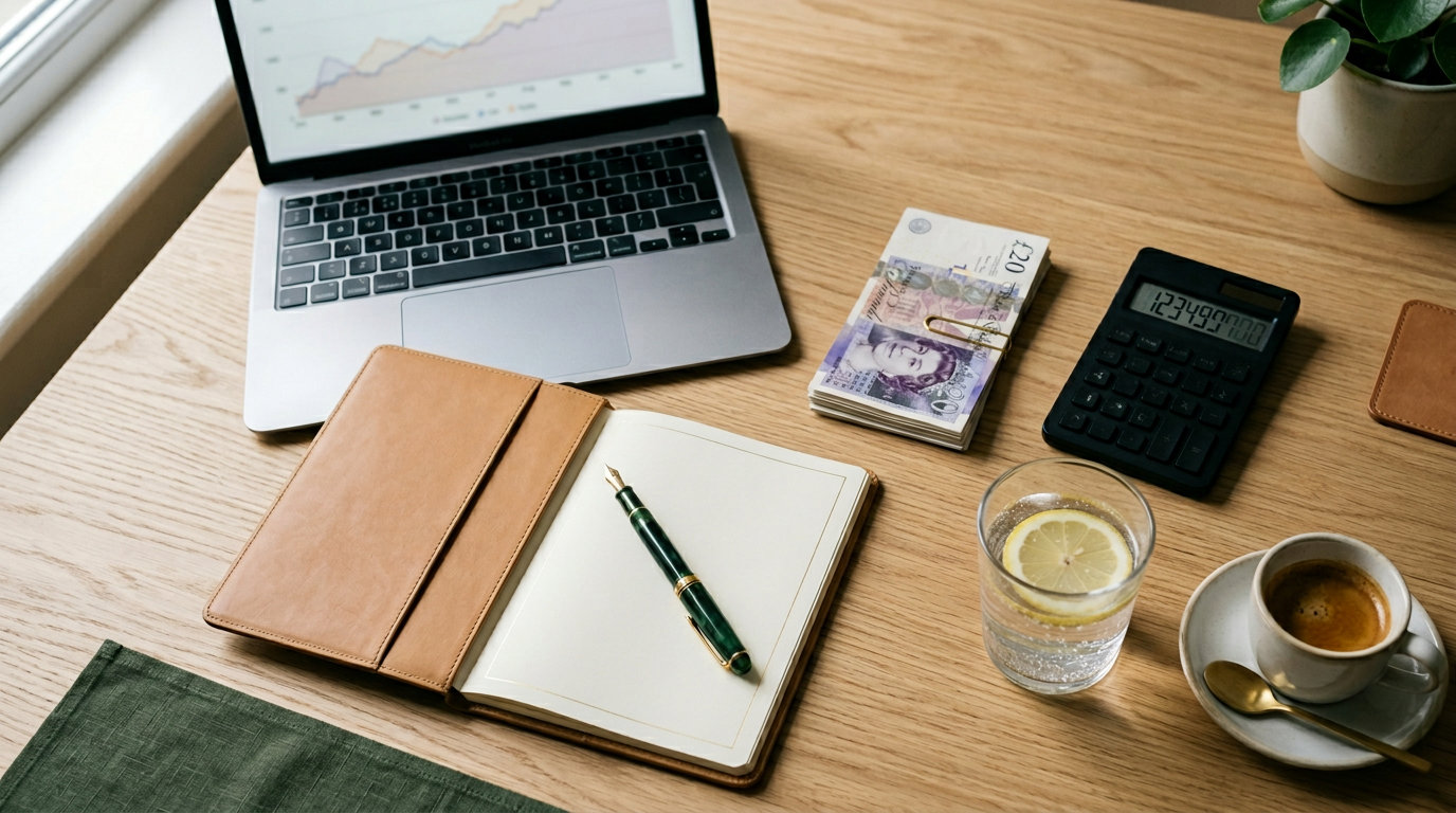 Laptop showing a cash flow chart, British pound notes, calculator and leather notebook on a wooden desk, illustrating UK small business cash flow planning