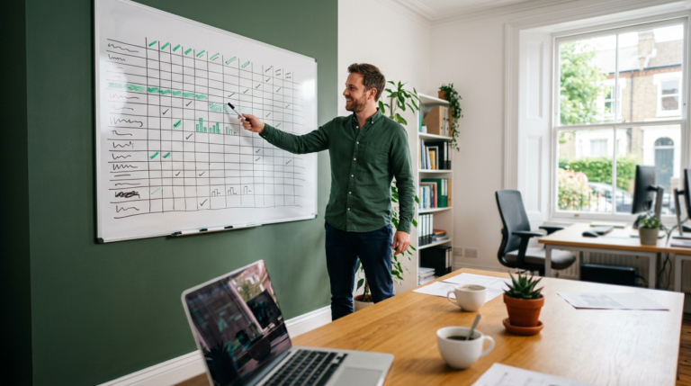 UK small business owner standing at a whiteboard with a hand-drawn weekly cash flow forecast grid in a bright modern office