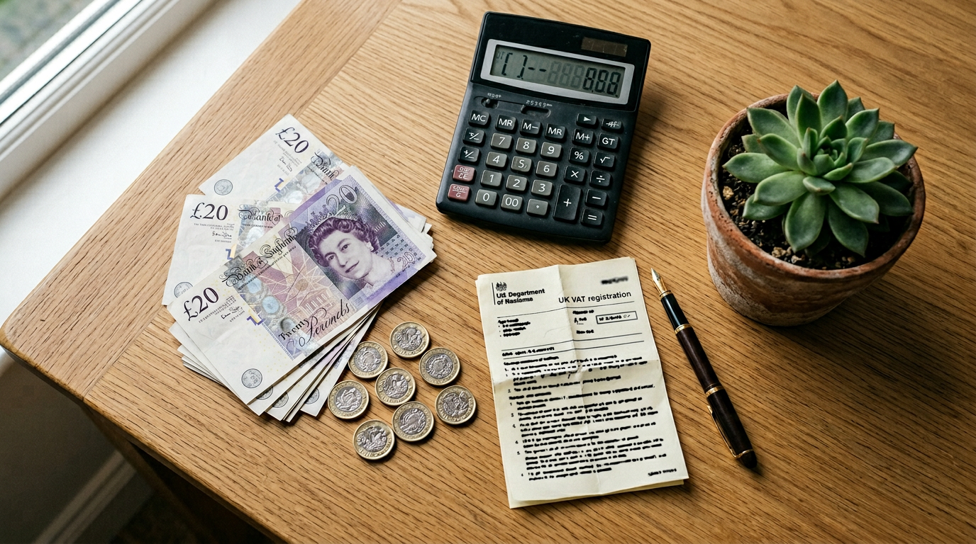 British pound notes, calculator, UK VAT registration form and a succulent on a wooden desk, illustrating the £90,000 VAT threshold