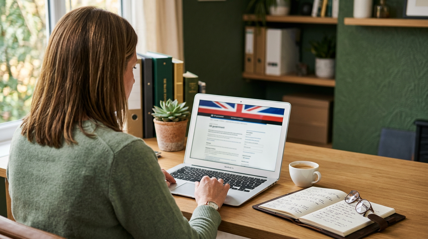 UK business owner reviewing the HMRC online VAT registration page on a laptop in a home office, surrounded by notebooks and a succulent