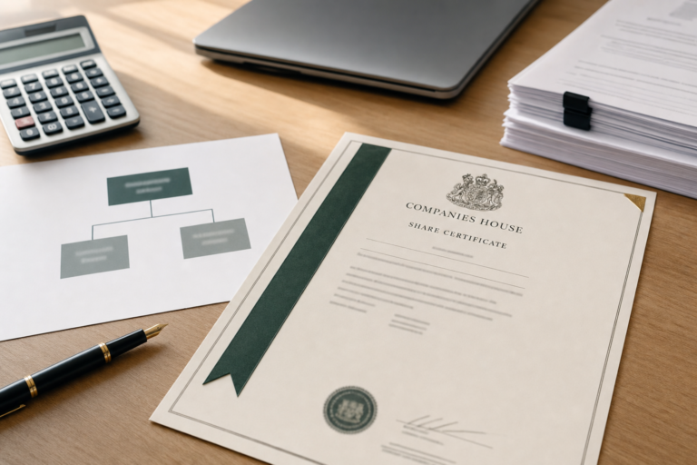 Companies House share certificate, group structure diagram, calculator and pen on a wooden desk illustrating UK business structure options